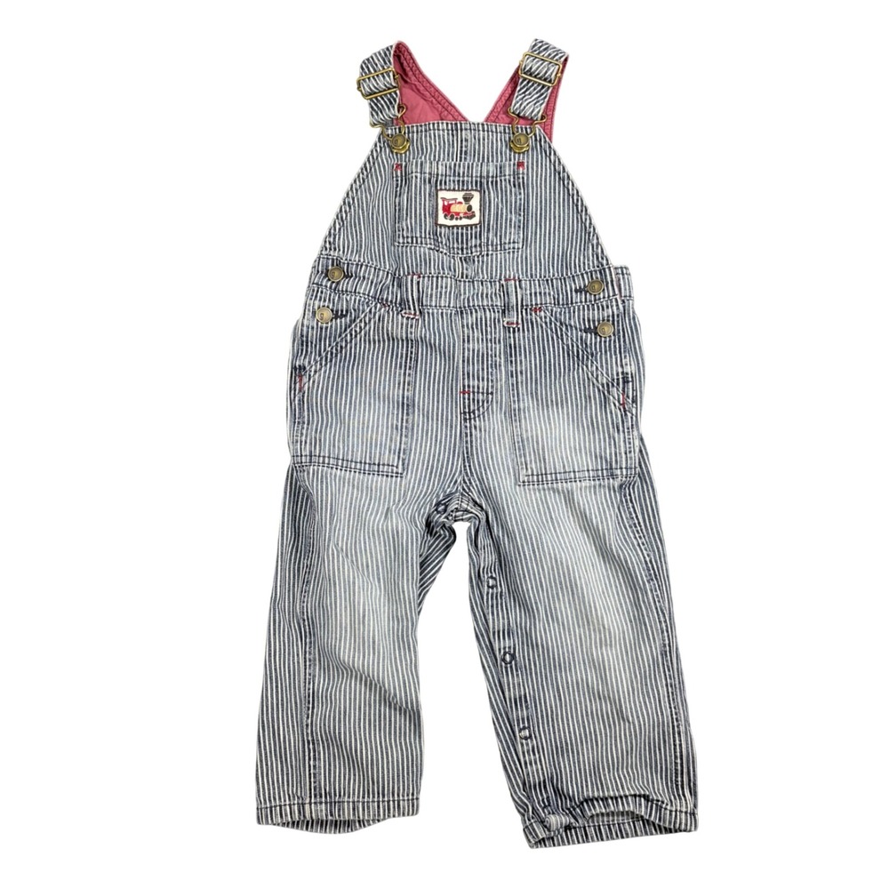 VNTG Gymboree Kids Hickory Stripe Denim Overalls Train Patch Blue White 18-24 M